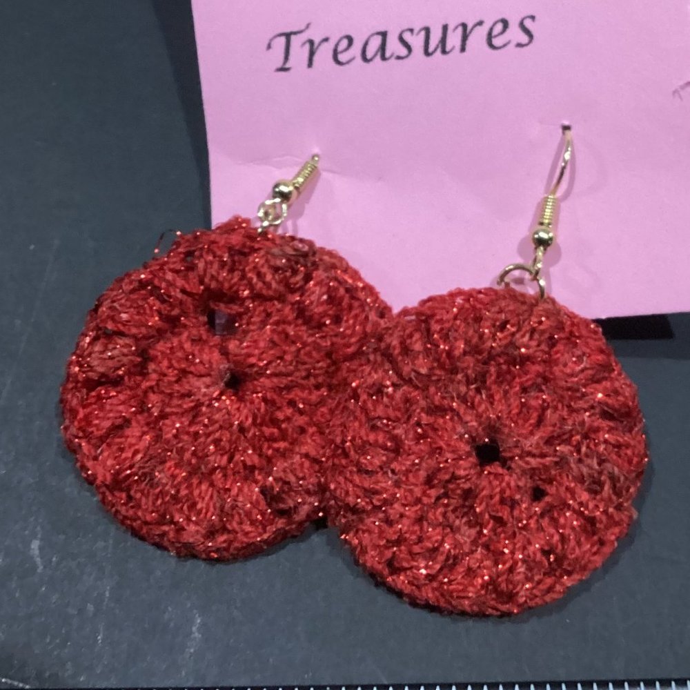 Earrings Red Sparkle Starburst Circle Crocheted Crochet Hand Crafted